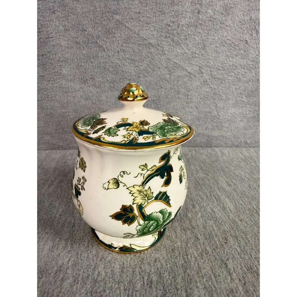 Mason's Ironstone China Mandalay Chartreuse Jam Jelly Jar with Lid Gold Trim